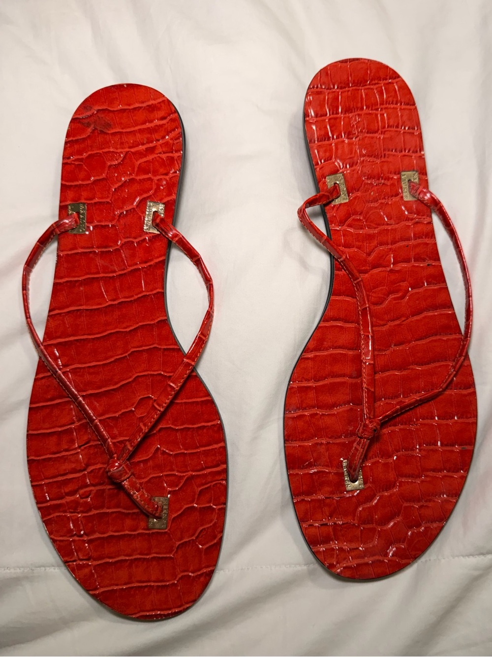 Lauren Ralph Lauren Red-Orange Croc-Embossed Thong Sandals - Size 7.5